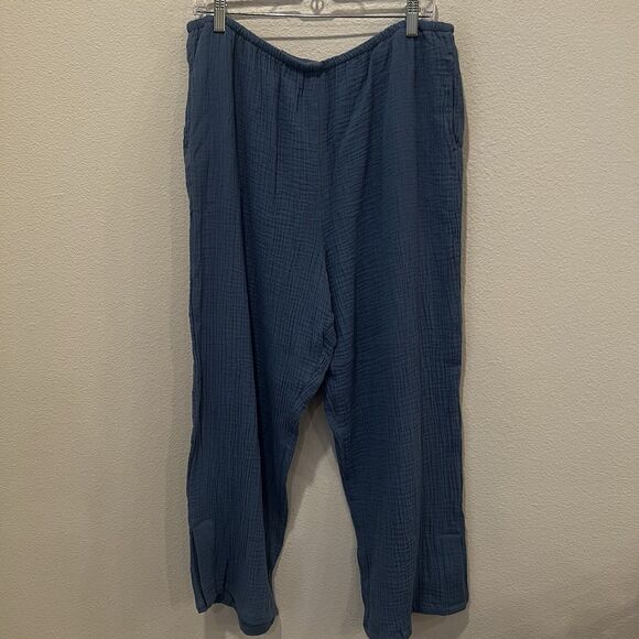 Habitat Pants Blue Crinkle Gauze Elastic Waist Pull On Lagenlook Womens Sz L - Picture 1 of 8